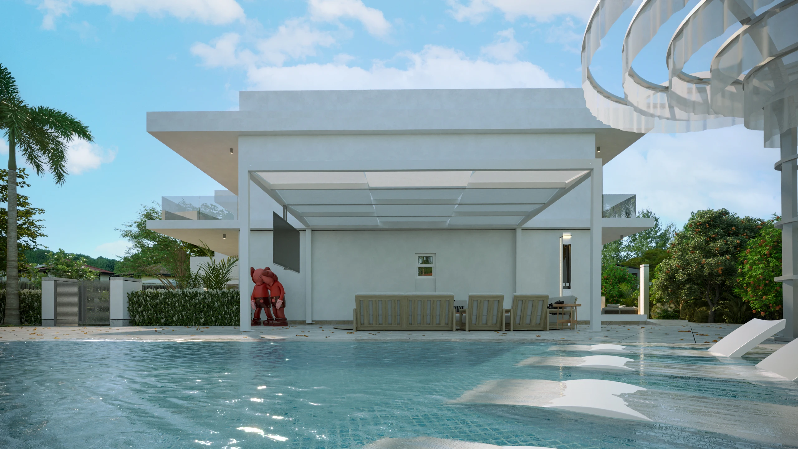Pool house across the water
